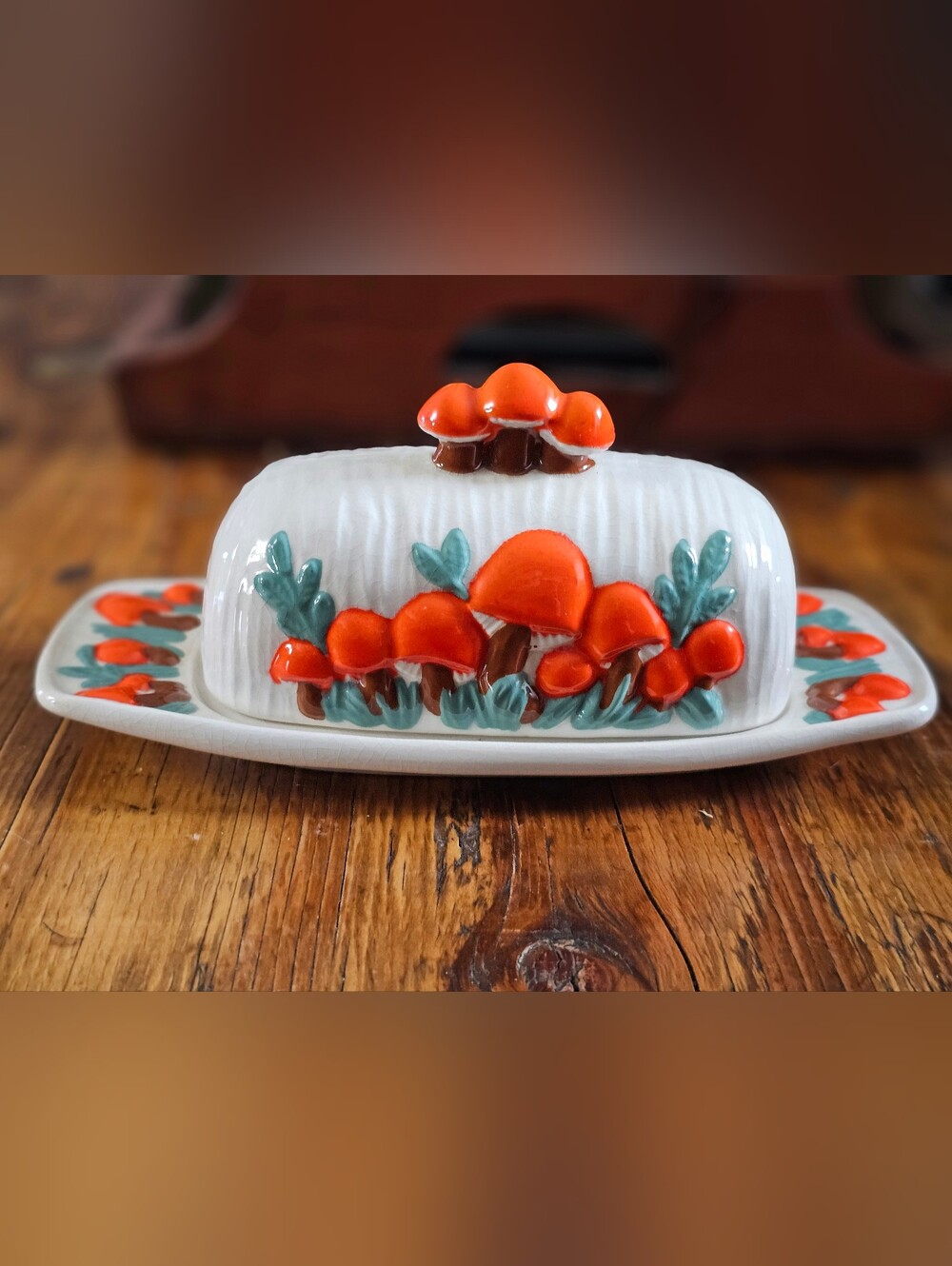 Vintage 1970's Arnels Ceramic Butter Dish with Orange Mushroom Motif